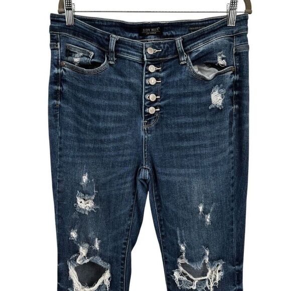 Judy Blue Button Fly Distressed Trouser Flare Leg Jeans Size 31/13 - Picture 3 of 9